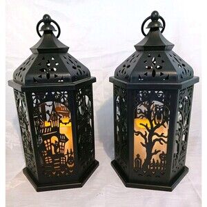 Halloween PAIR Haunted House Cemetery Hanging Lanterns w/ Flickering LED Candles